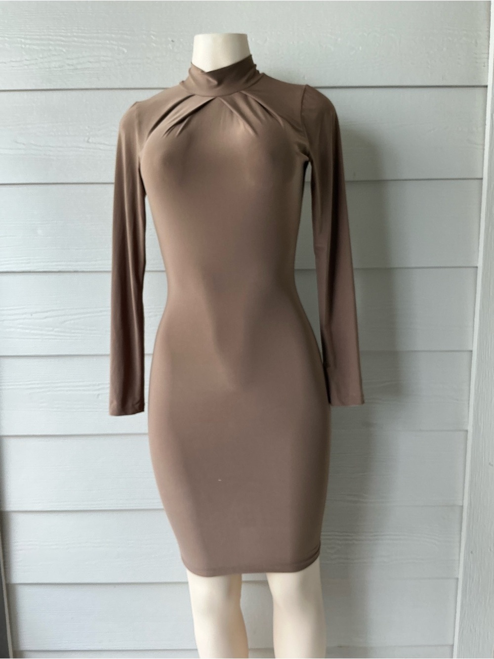 Sleek Taupe Long-Sleeve Bodycon Dress with Mock Neck